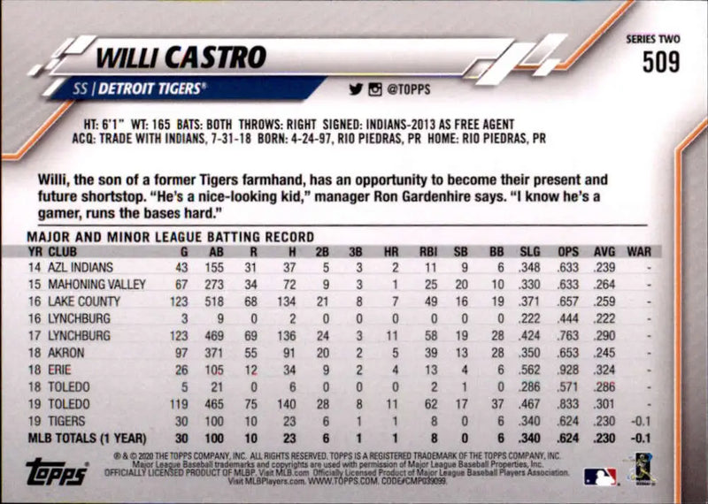 2020 Topps #509 Willi Castro NM-MT RC Rookie Detroit Tigers Baseball Card - Baseball Card Single