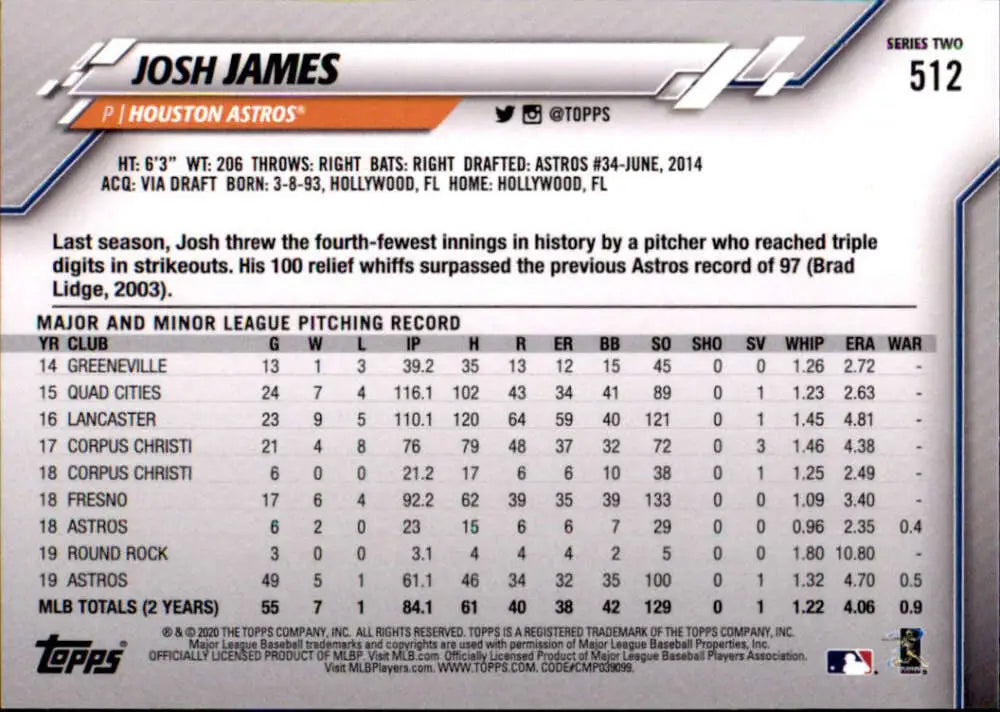 2020 Topps #512 Josh James NM-MT Houston Astros Baseball Card - Baseball Card Single