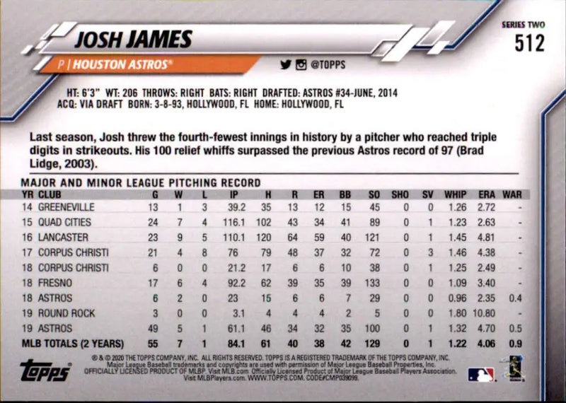 2020 Topps #512 Josh James NM-MT Houston Astros Baseball Card - Baseball Card Single