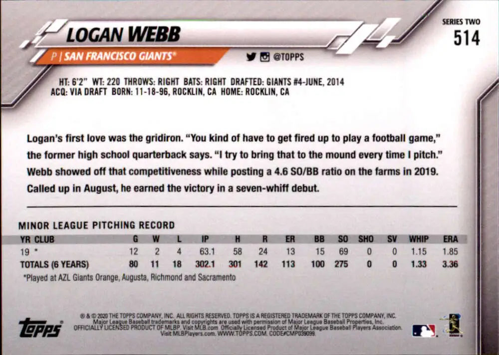 2020 Topps #514 Logan Webb NM-MT RC Rookie San Francisco Giants Baseball Card - Baseball Card Single