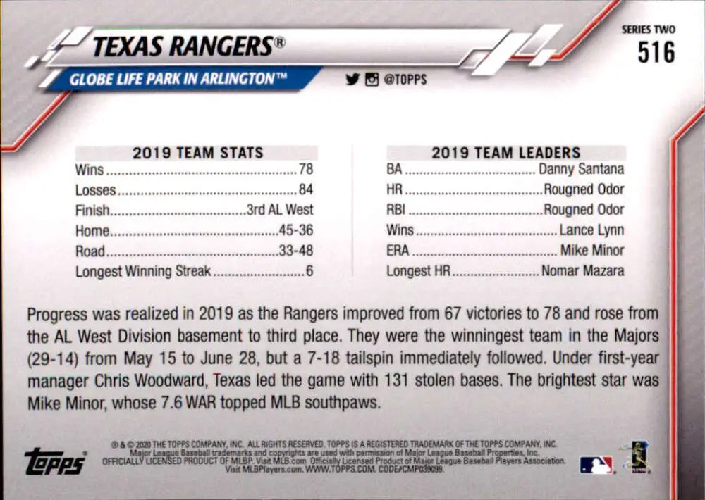 2020 Topps #516 Texas Rangers NM-MT Texas Rangers Baseball Card - Baseball Card Single