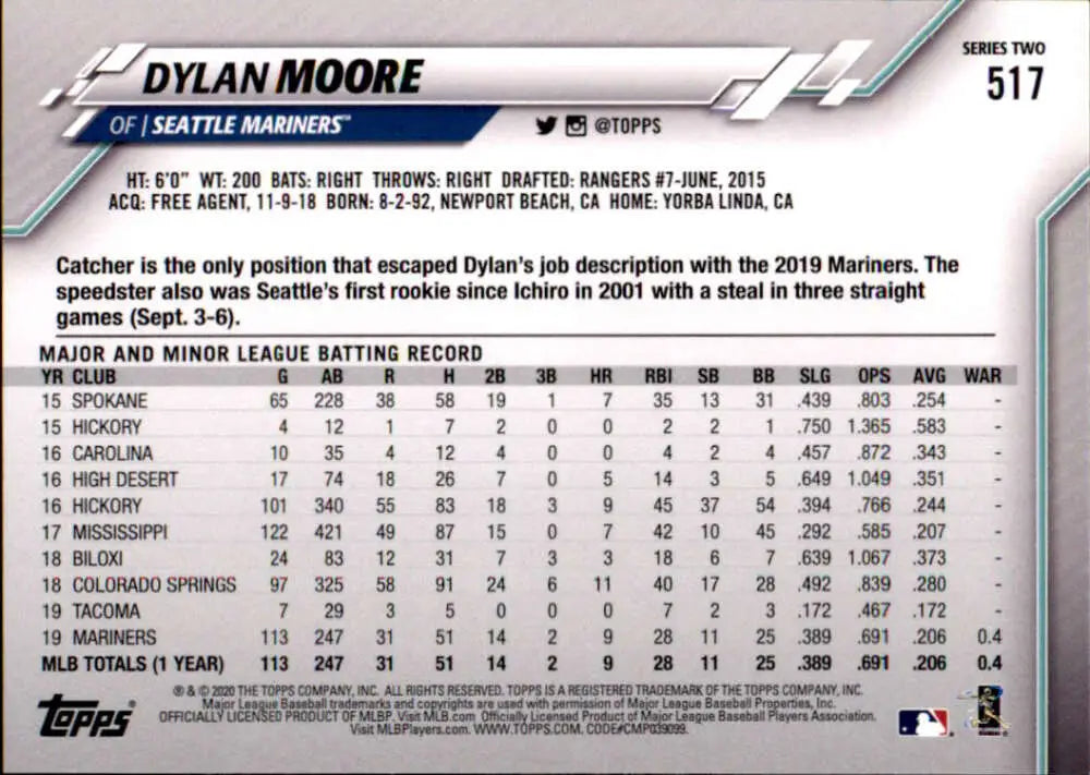 2020 Topps #517 Dylan Moore NM-MT Seattle Mariners Baseball Card - Baseball Card Single