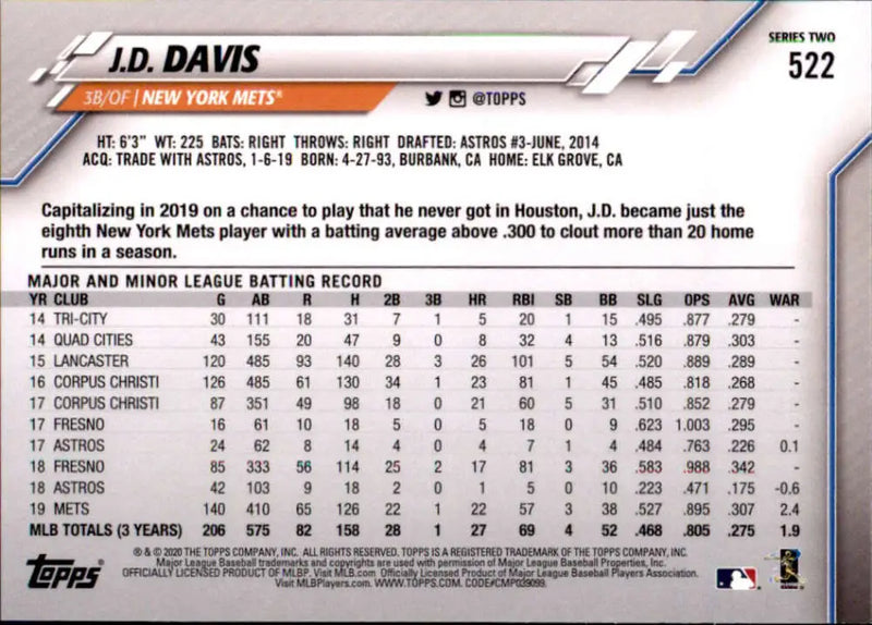 2020 Topps #522 J.D. Davis NM-MT New York Mets Baseball Card - Baseball Card Single