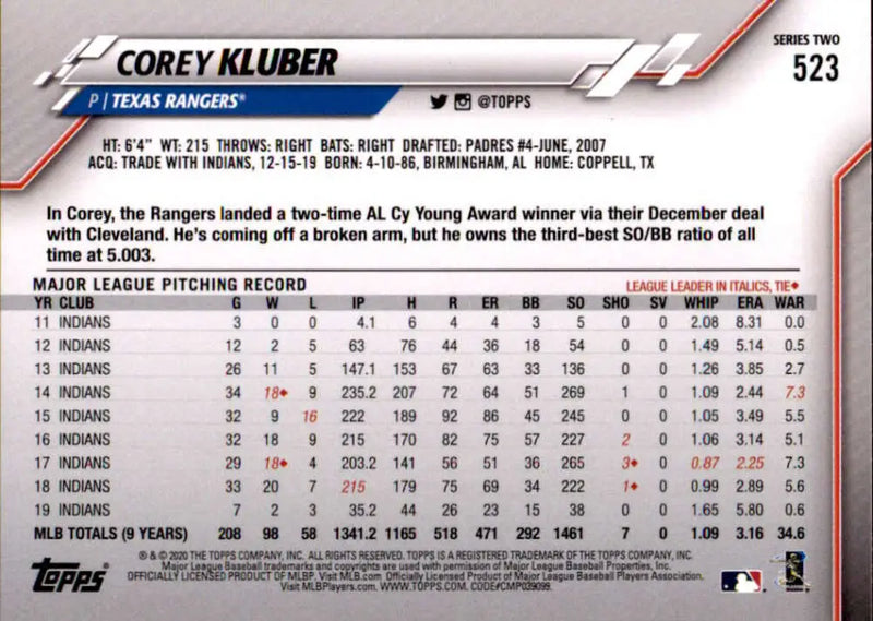 2020 Topps #523 Corey Kluber NM-MT Texas Rangers Baseball Card - Baseball Card Single