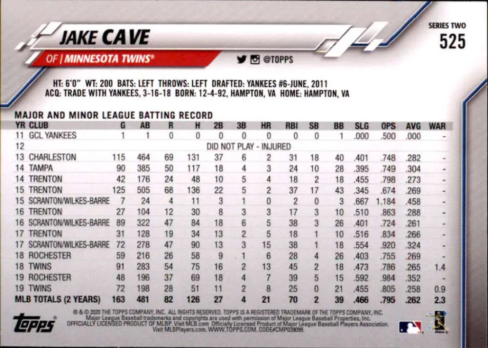 2020 Topps #525 Jake Cave NM-MT Minnesota Twins Baseball Card - Baseball Card Single