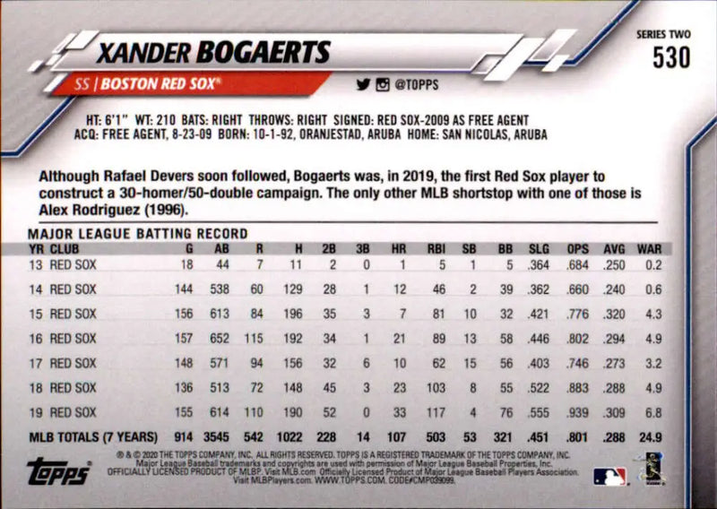 2020 Topps #530 Xander Bogaerts NM-MT Boston Red Sox Baseball Card - Baseball Card Single