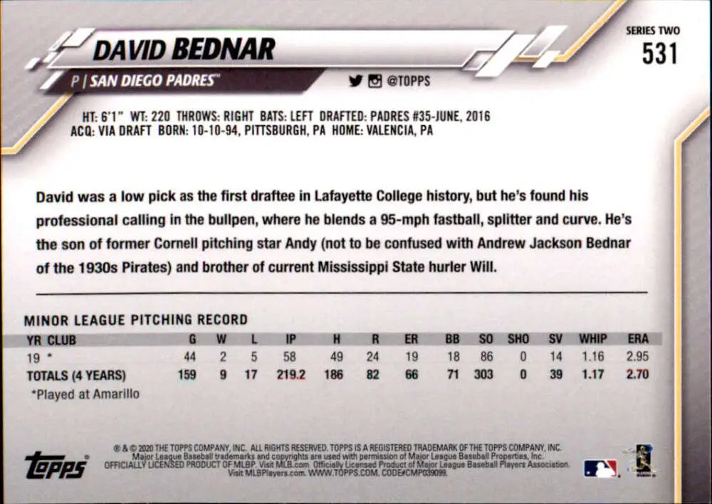 2020 Topps #531 David Bednar NM-MT RC Rookie San Diego Padres Baseball Card - Baseball Card Single