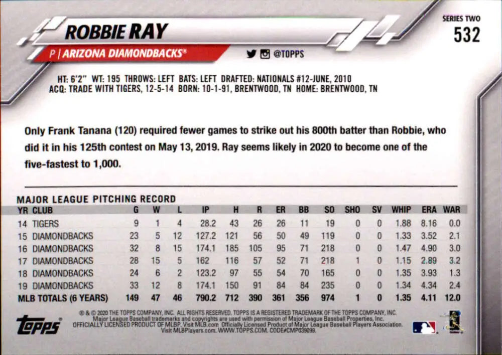 2020 Topps #532 Robbie Ray NM-MT Arizona Diamondbacks Baseball Card - Baseball Card Single