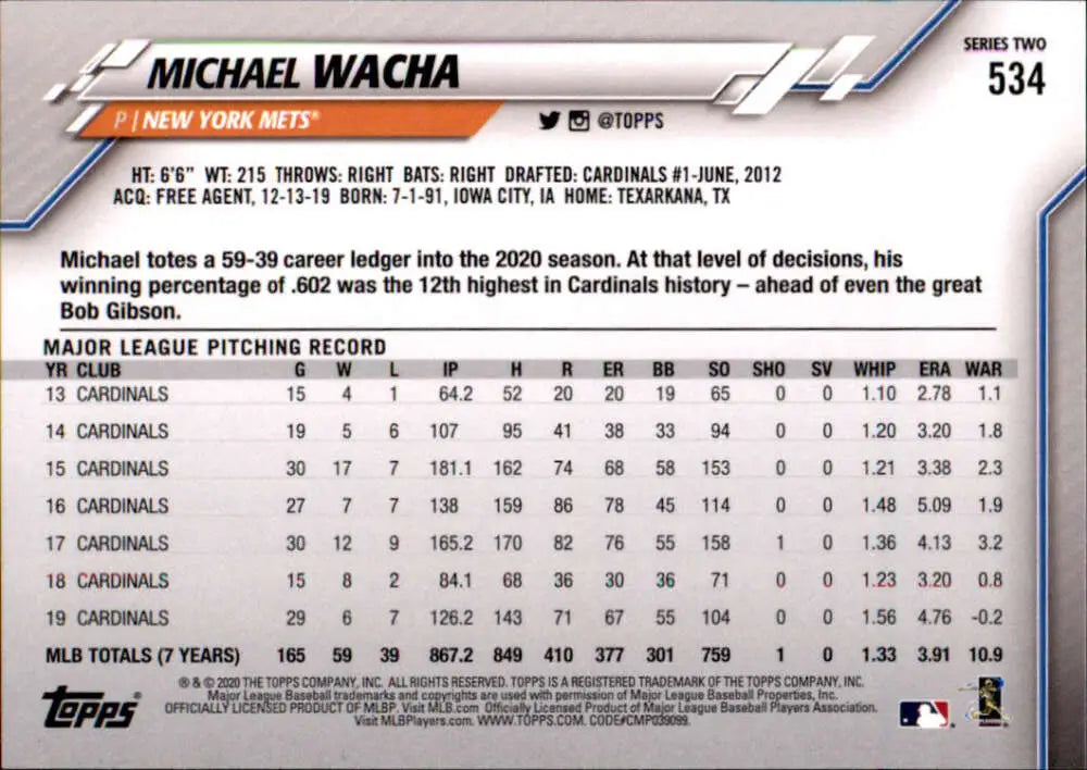 2020 Topps #534 Michael Wacha NM-MT New York Mets Baseball Card - Baseball Card Single