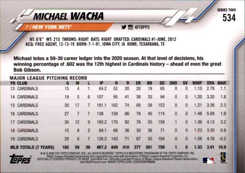 2020 Topps #534 Michael Wacha NM-MT New York Mets Baseball Card - Baseball Card Single