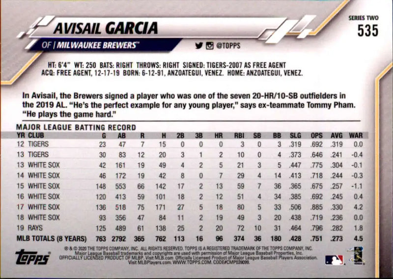 2020 Topps #535 Avisail Garcia NM-MT Milwaukee Brewers Baseball Card - Baseball Card Single