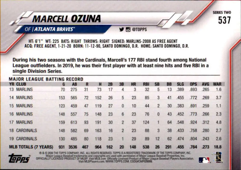 2020 Topps #537 Marcell Ozuna NM-MT Atlanta Braves Baseball Card - Baseball Card Single