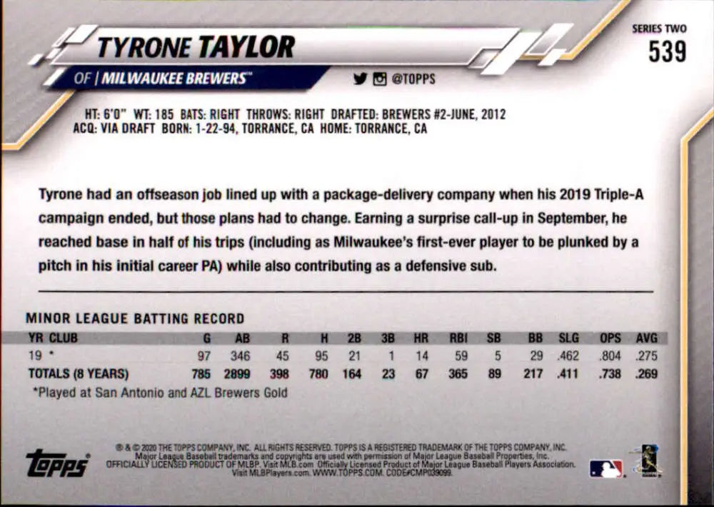 2020 Topps #539 Tyrone Taylor NM-MT RC Rookie Milwaukee Brewers Baseball Card - Baseball Card Single