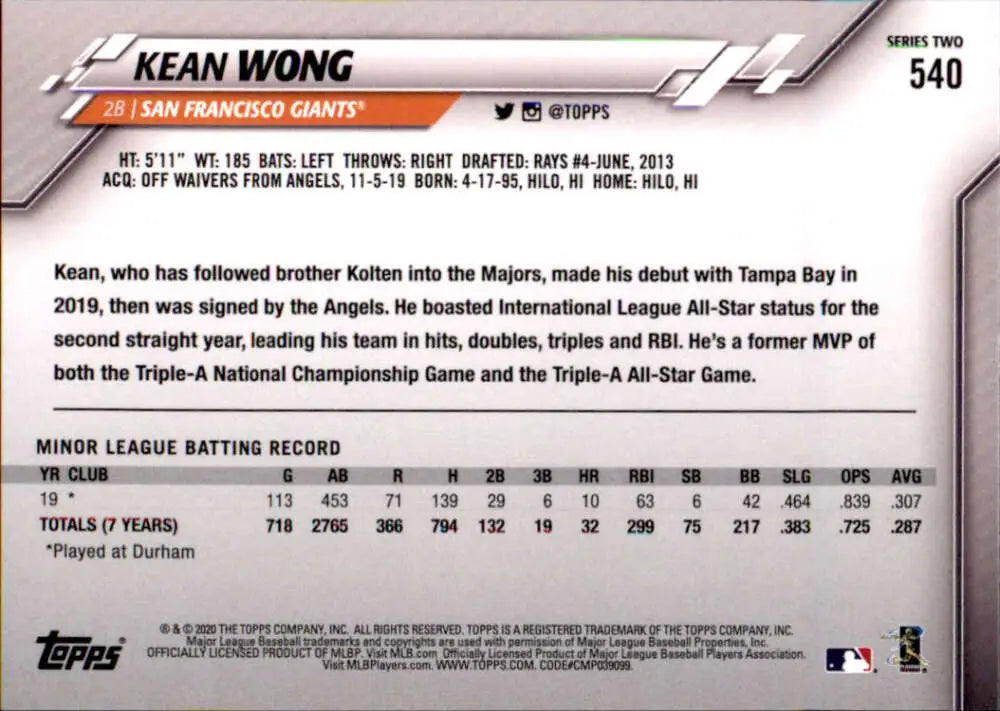 2020 Topps #540 Kean Wong NM-MT RC Rookie San Francisco Giants Baseball Card - Baseball Card Single