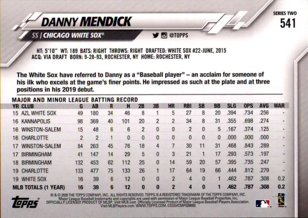 2020 Topps #541 Danny Mendick NM-MT RC Rookie Chicago White Sox Baseball Card - Baseball Card Single
