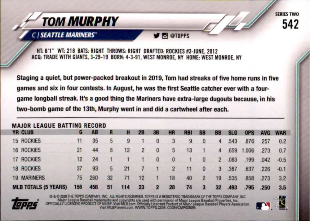 2020 Topps #542 Tom Murphy NM-MT Seattle Mariners Baseball Card - Baseball Card Single