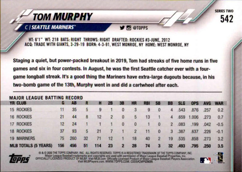 2020 Topps #542 Tom Murphy NM-MT Seattle Mariners Baseball Card - Baseball Card Single