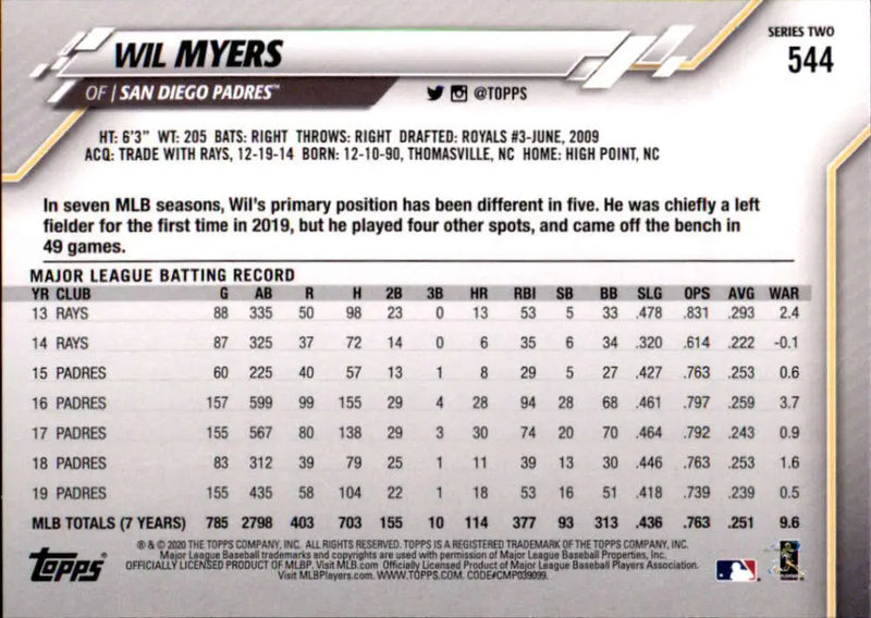 2020 Topps #544 Wil Myers NM-MT San Diego Padres Baseball Card - Baseball Card Single