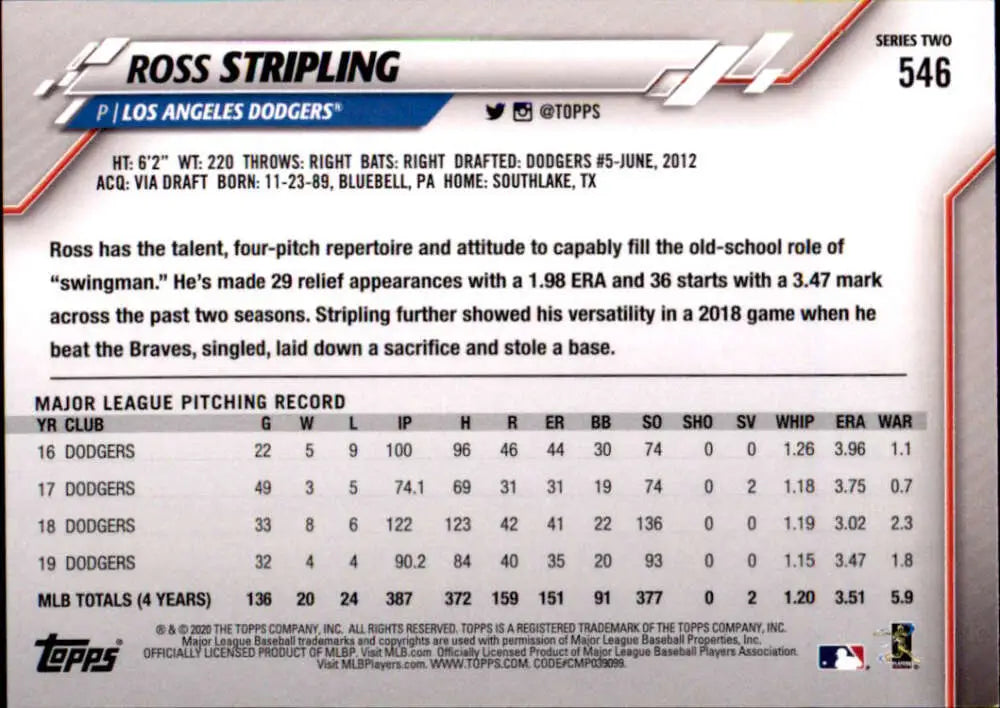 2020 Topps #546 Ross Stripling NM-MT Los Angeles Dodgers Baseball Card - Baseball Card Single