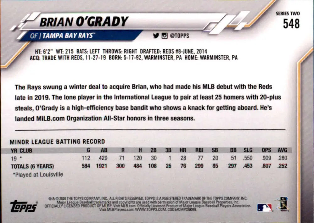 2020 Topps #548 Brian O’Grady NM-MT RC Rookie Tampa Bay Rays Baseball Card - Baseball Card Single