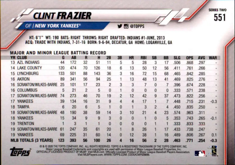 2020 Topps #551 Clint Frazier NM-MT New York Yankees Baseball Card - Baseball Card Single