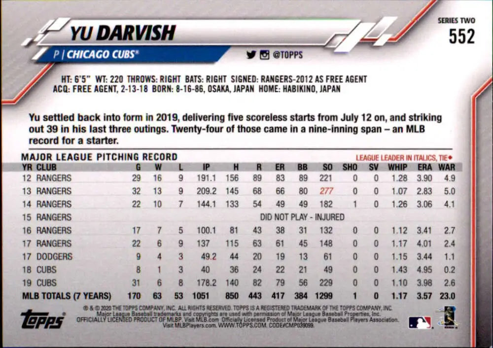 2020 Topps #552 Yu Darvish NM-MT Chicago Cubs Baseball Card - Baseball Card Single