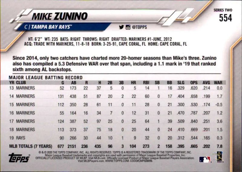 2020 Topps #554 Mike Zunino NM-MT Tampa Bay Rays Baseball Card - Baseball Card Single