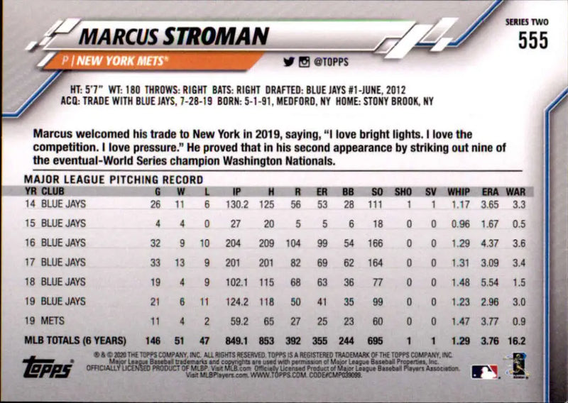 2020 Topps #555 Marcus Stroman NM-MT New York Mets Baseball Card - Baseball Card Single