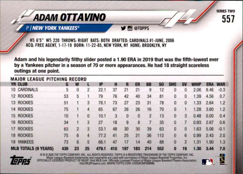 2020 Topps #557 Adam Ottavino NM-MT New York Yankees Baseball Card - Baseball Card Single