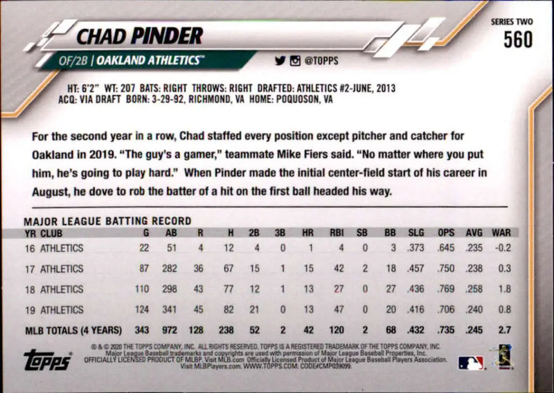 2020 Topps #560 Chad Pinder NM-MT Oakland Athletics Baseball Card - Baseball Card Single