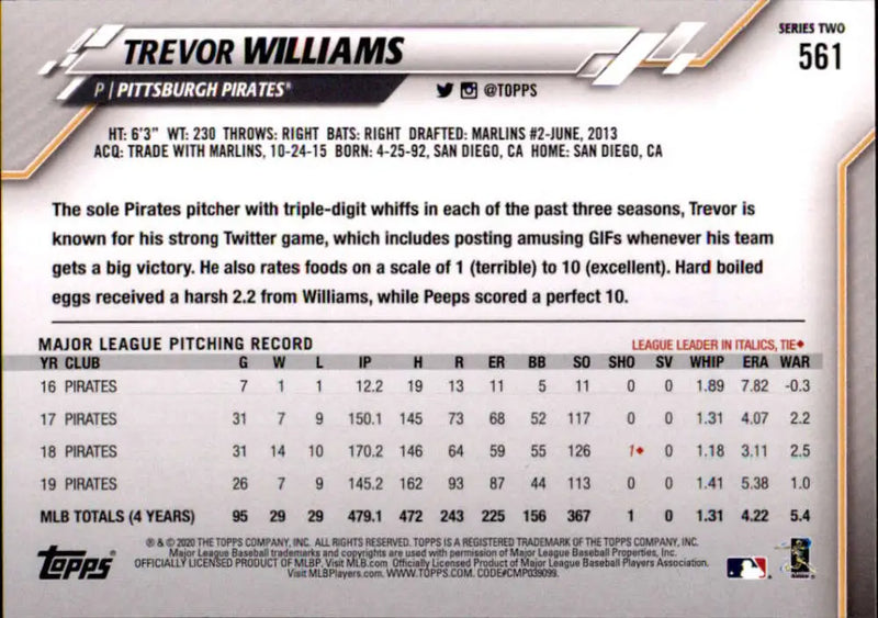 2020 Topps #561 Trevor Williams NM-MT Pittsburgh Pirates Baseball Card - Baseball Card Single
