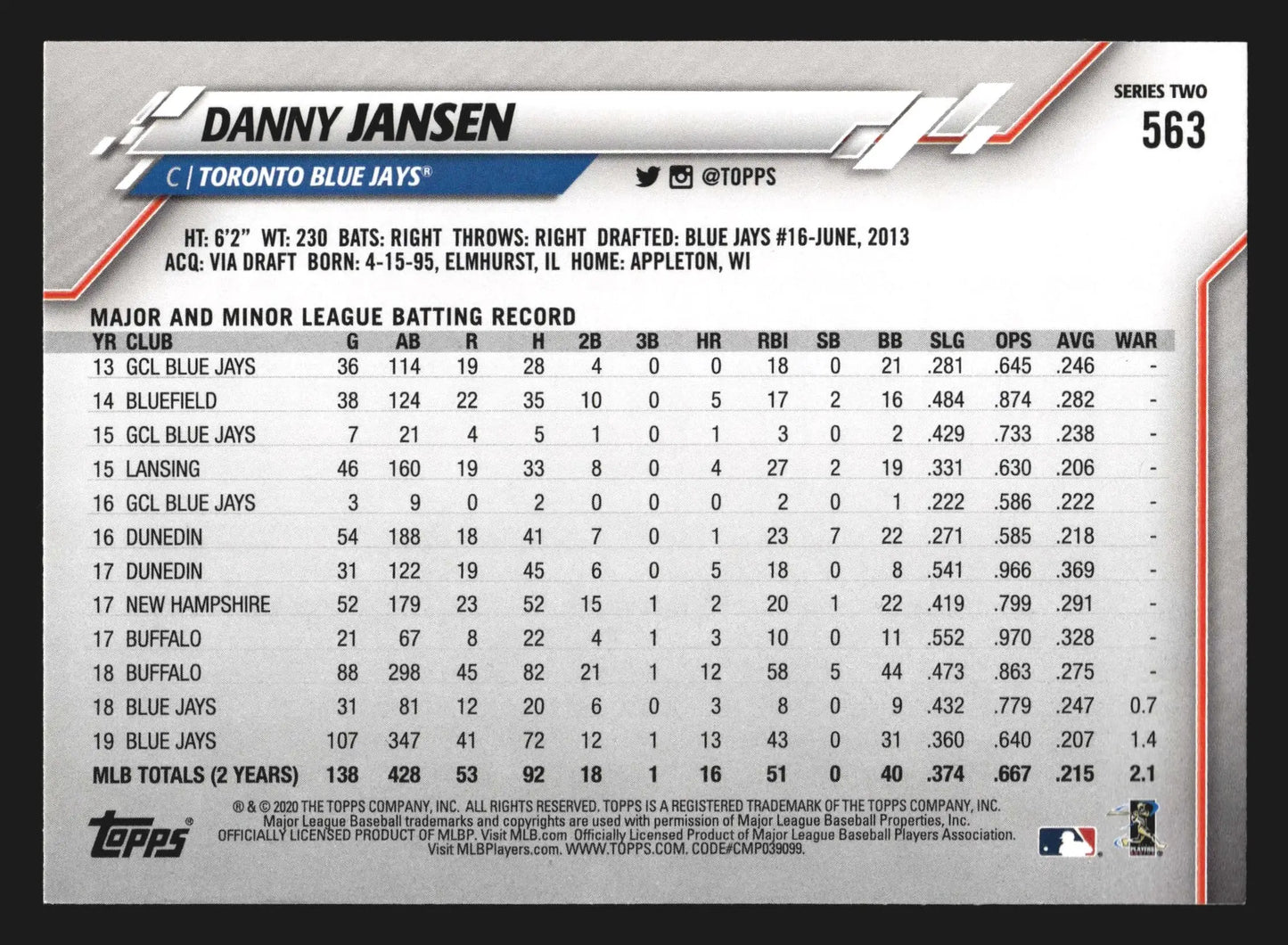 2020 Topps #563 Danny Jansen Toronto Blue Jays