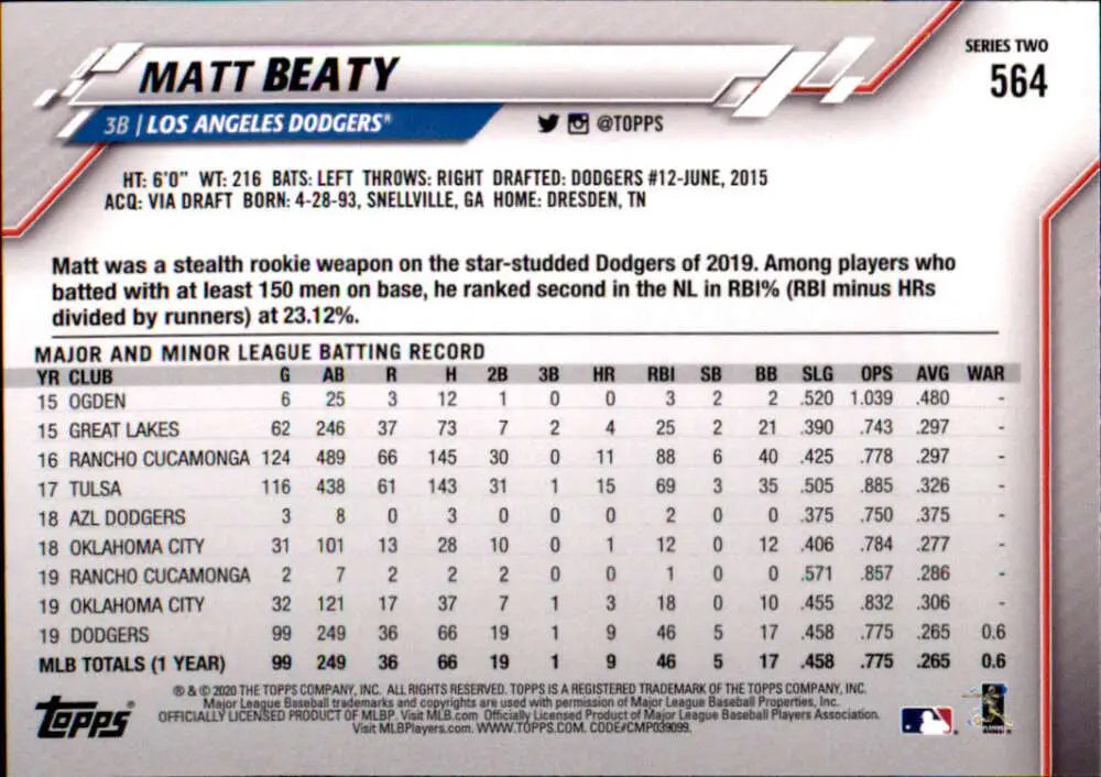2020 Topps #564 Matt Beaty NM-MT Los Angeles Dodgers Baseball Card - Baseball Card Single