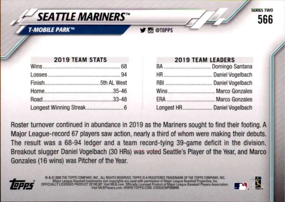 2020 Topps #566 Seattle Mariners NM-MT Seattle Mariners Baseball Card - Baseball Card Single