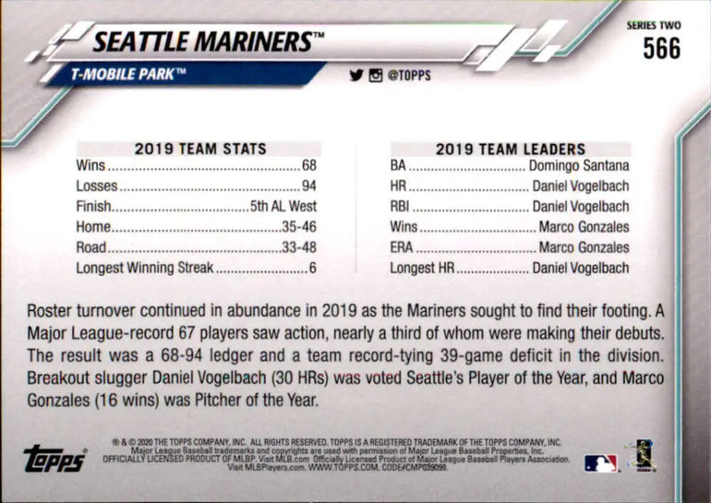 2020 Topps #566 Seattle Mariners NM-MT Seattle Mariners Baseball Card - Baseball Card Single
