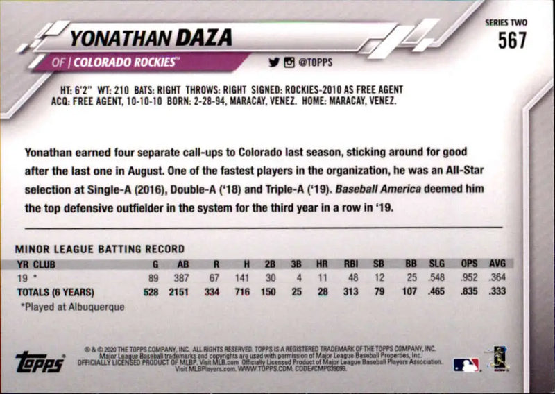 2020 Topps #567 Yonathan Daza NM-MT RC Rookie Colorado Rockies Baseball Card - Baseball Card Single