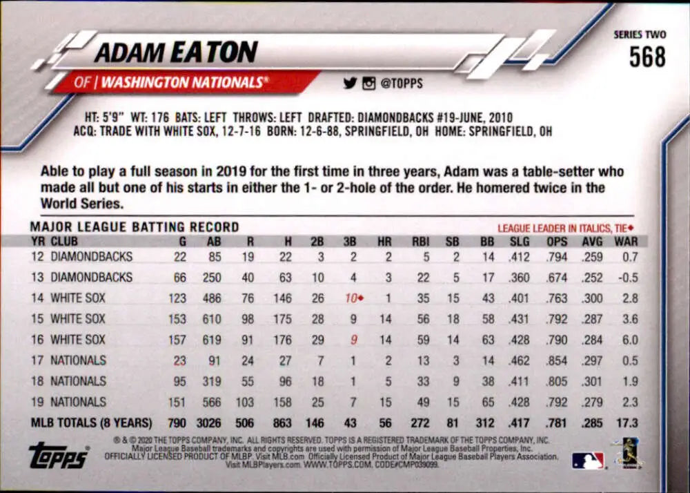 2020 Topps #568 Adam Eaton NM-MT Washington Nationals Baseball Card - Baseball Card Single