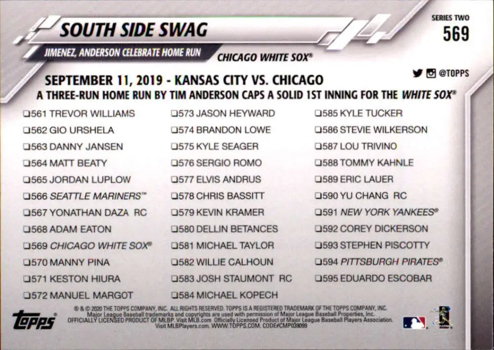 2020 Topps #569 South Side Swag NM-MT Chicago White Sox Baseball Card - Baseball Card Single