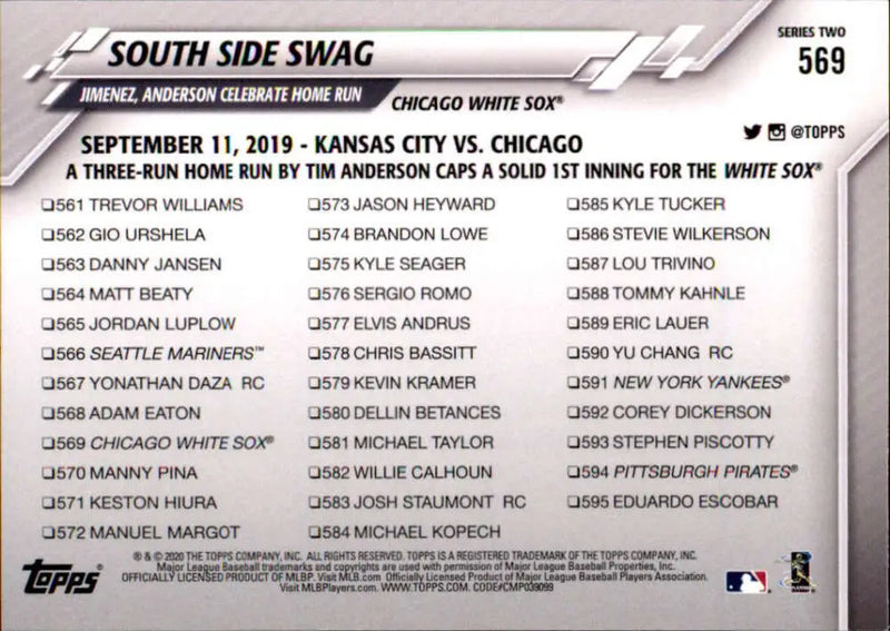 2020 Topps #569 South Side Swag NM-MT Chicago White Sox Baseball Card - Baseball Card Single