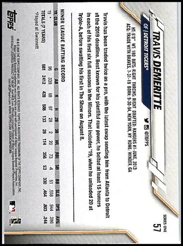 2020 Topps #57 Travis Demeritte NM-MT RC Rookie Detroit Tigers Baseball Card - Baseball Card Single
