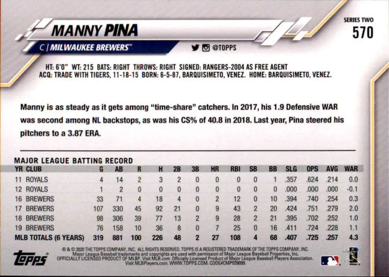 2020 Topps #570 Manny Pina NM-MT Milwaukee Brewers Baseball Card - Baseball Card Single