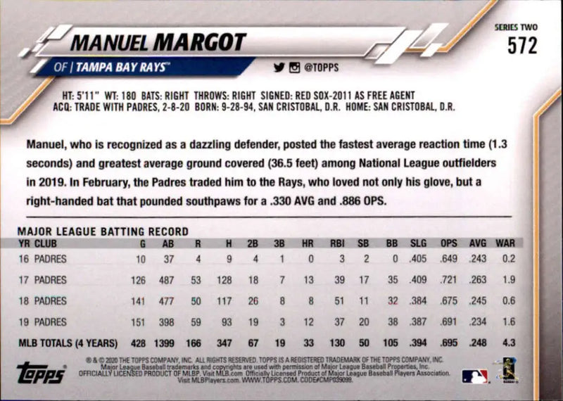 2020 Topps #572 Manuel Margot NM-MT Tampa Bay Rays Baseball Card - Baseball Card Single