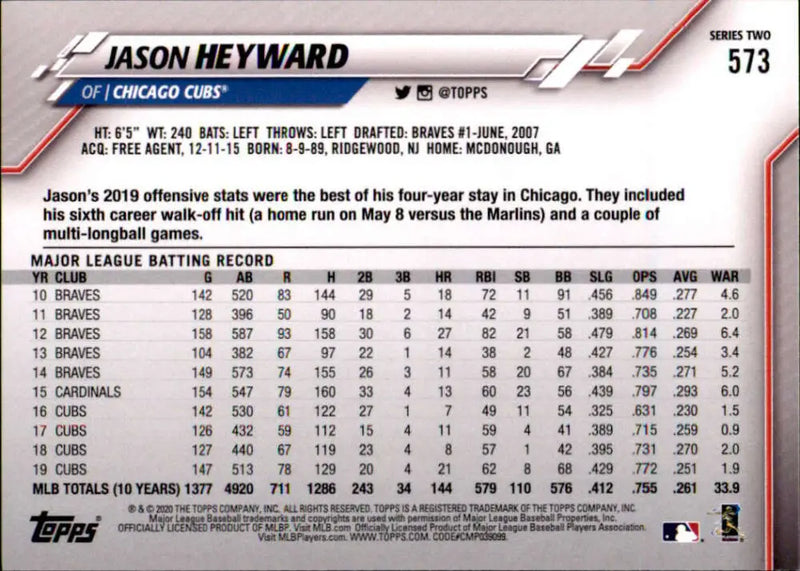 2020 Topps #573 Jason Heyward NM-MT Chicago Cubs Baseball Card - Baseball Card Single