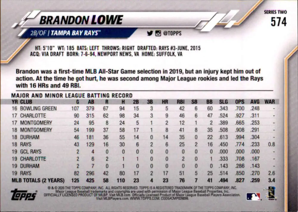 2020 Topps #574 Brandon Lowe NM-MT Tampa Bay Rays Baseball Card - Baseball Card Single
