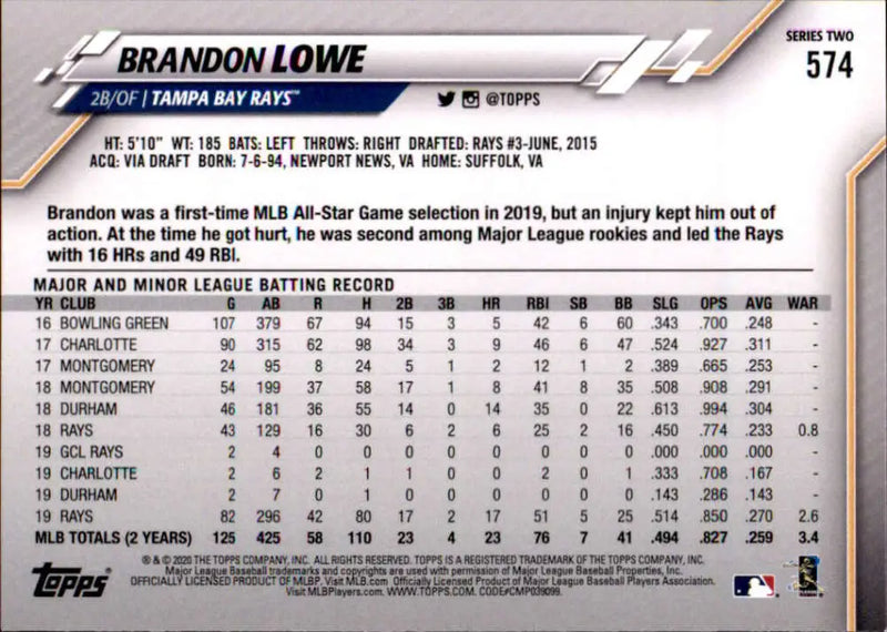 2020 Topps #574 Brandon Lowe NM-MT Tampa Bay Rays Baseball Card - Baseball Card Single