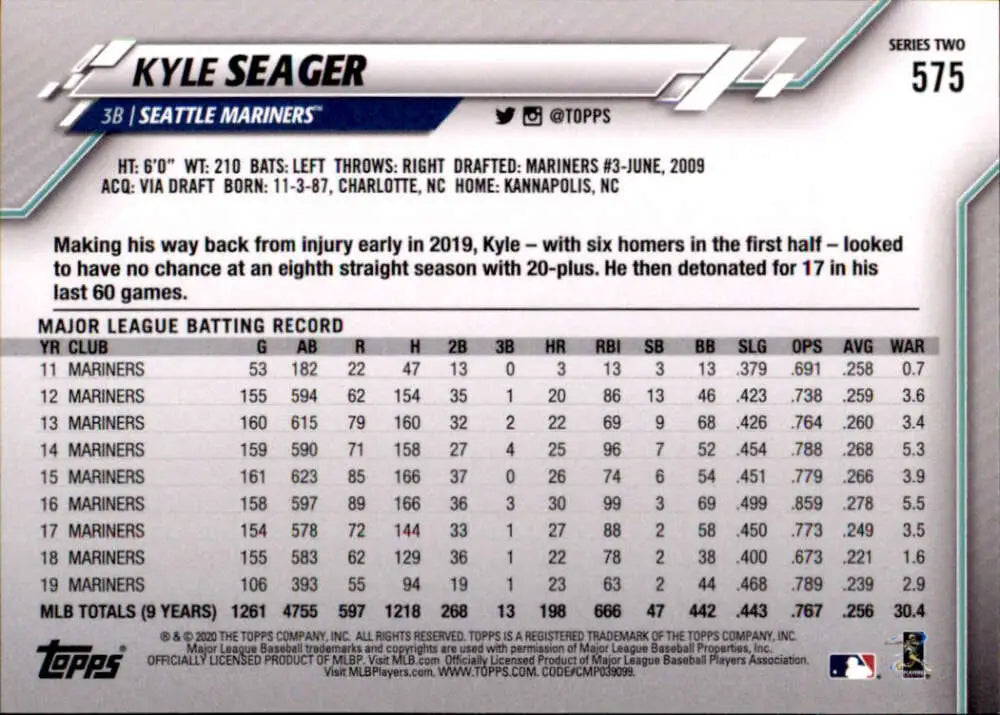2020 Topps #575 Kyle Seager NM-MT Seattle Mariners Baseball Card - Baseball Card Single
