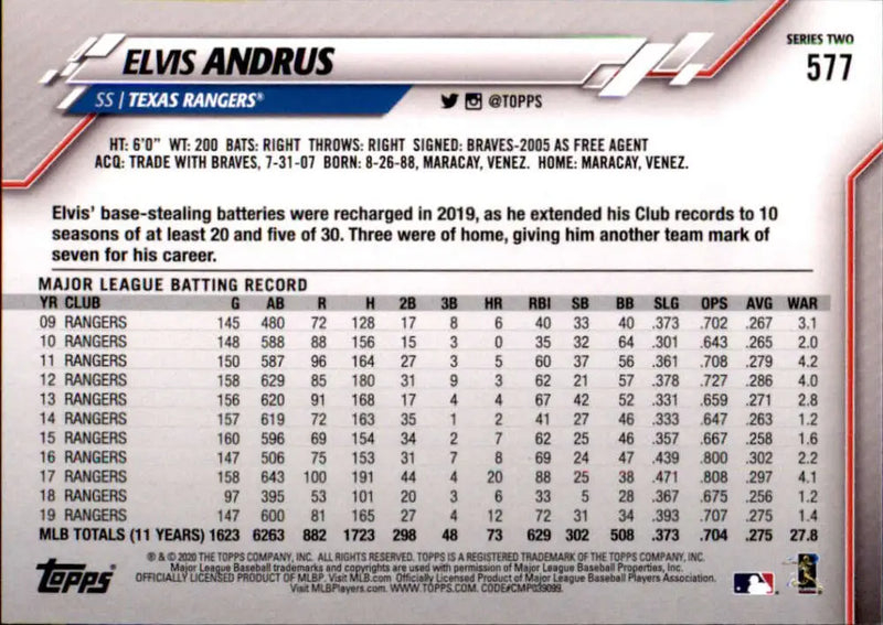 2020 Topps #577 Elvis Andrus NM-MT Texas Rangers Baseball Card - Baseball Card Single