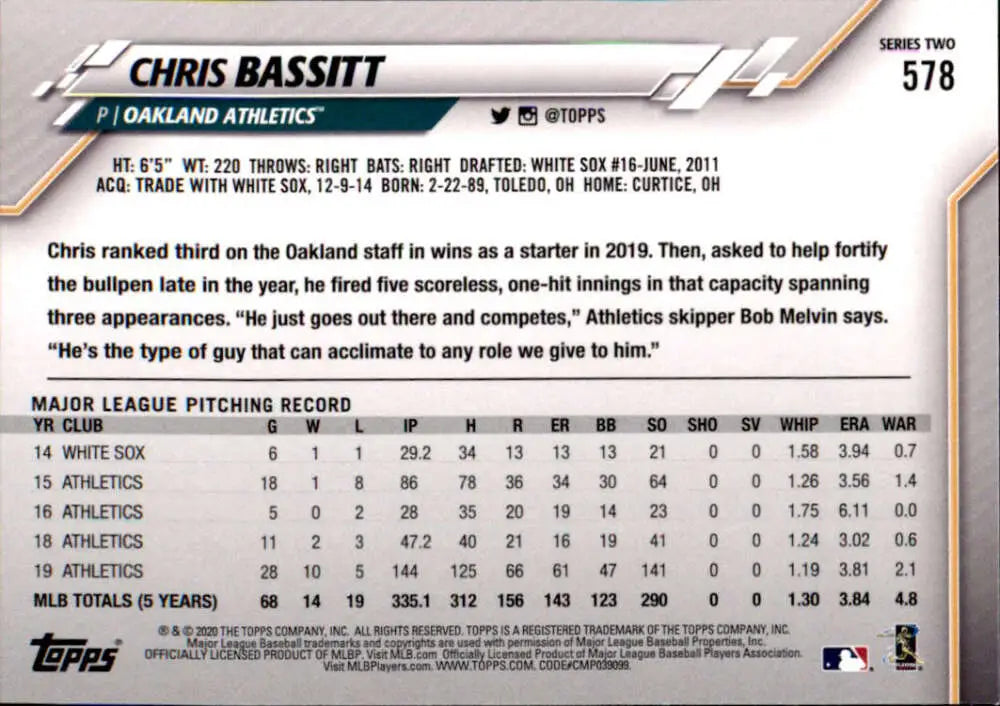 2020 Topps #578 Chris Bassitt NM-MT Oakland Athletics Baseball Card - Baseball Card Single