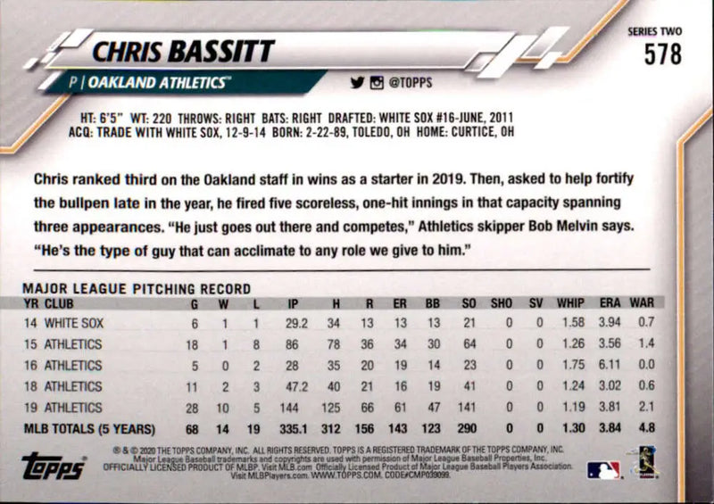 2020 Topps #578 Chris Bassitt NM-MT Oakland Athletics Baseball Card - Baseball Card Single