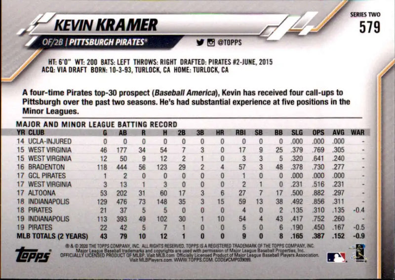 2020 Topps #579 Kevin Kramer NM-MT Pittsburgh Pirates Baseball Card - Baseball Card Single